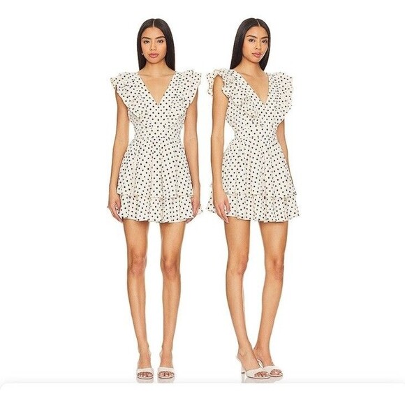 NEW LINE & DOT Kimmi Mini Dress Sz S Ivory Brown Dots Boho Ruffle Romantic - Picture 5 of 16